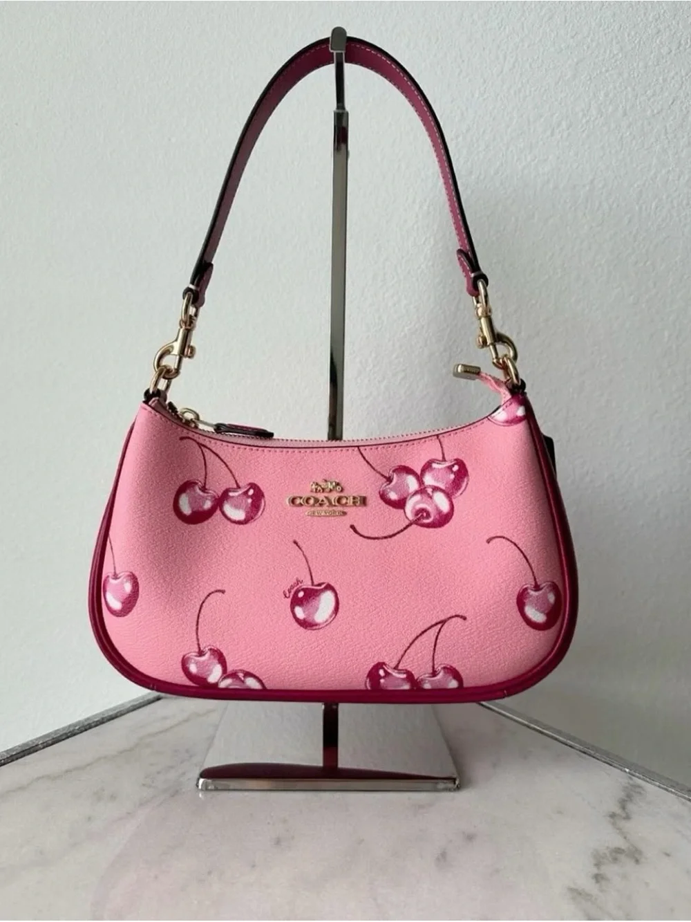 Coach Pink Cherry-Print Shoulder Bag with Burgundy Trim